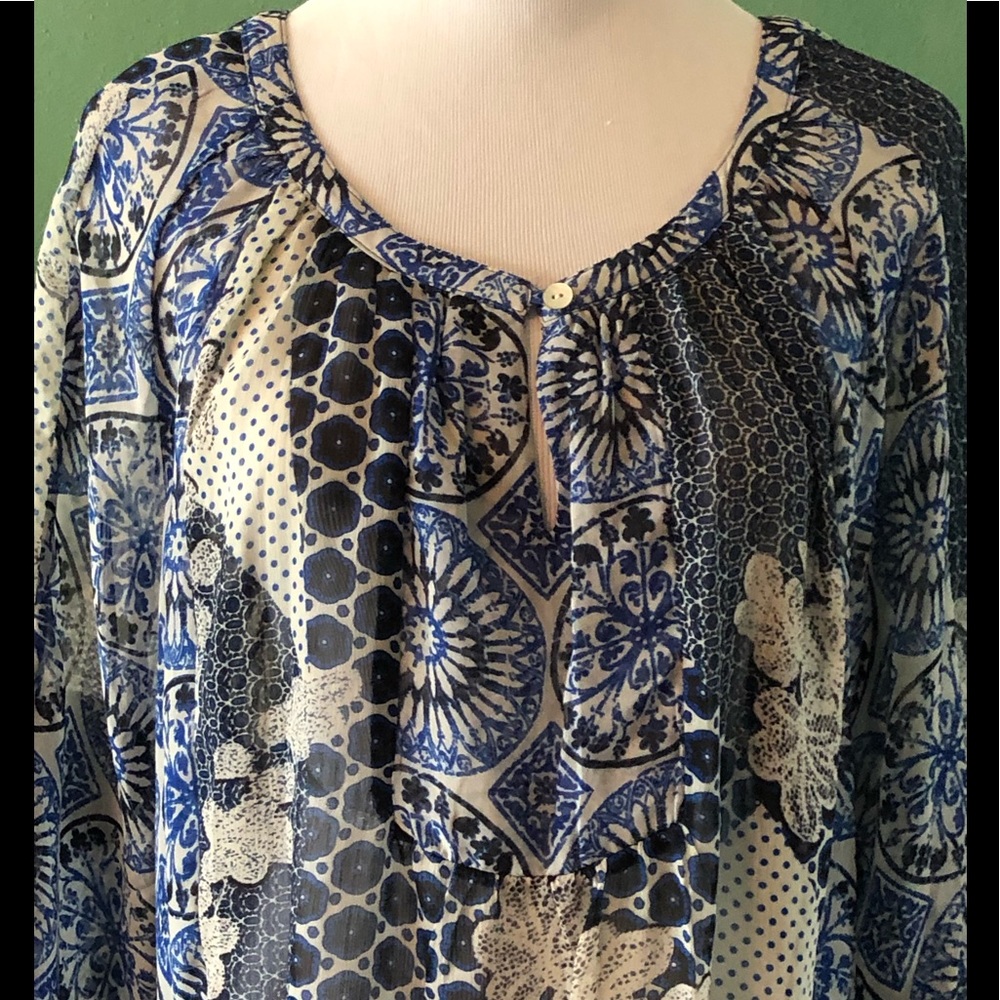 Multi Shades of Blue 3/4 Length Sleeves Front & Back Slits Shear Blouse